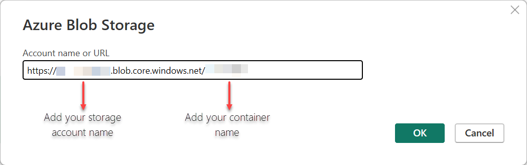 Captura de pantalla que muestra cómo agregar la dirección URL de la cuenta de Azure Blob Storage para obtener datos en Power BI.