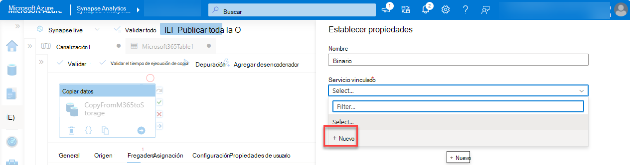 Captura de pantalla del panel Establecer propiedades con el servicio vinculado resaltado.