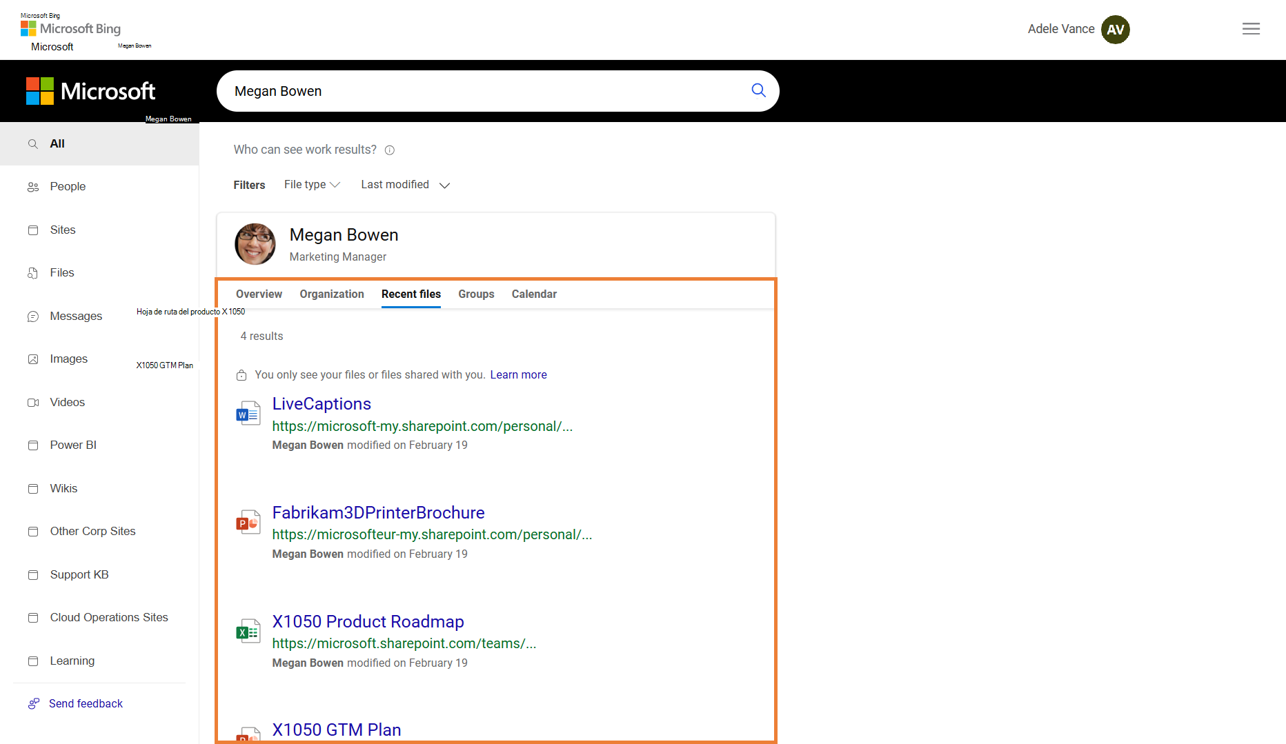 Los resultados de la consulta de Bing de Adele para 