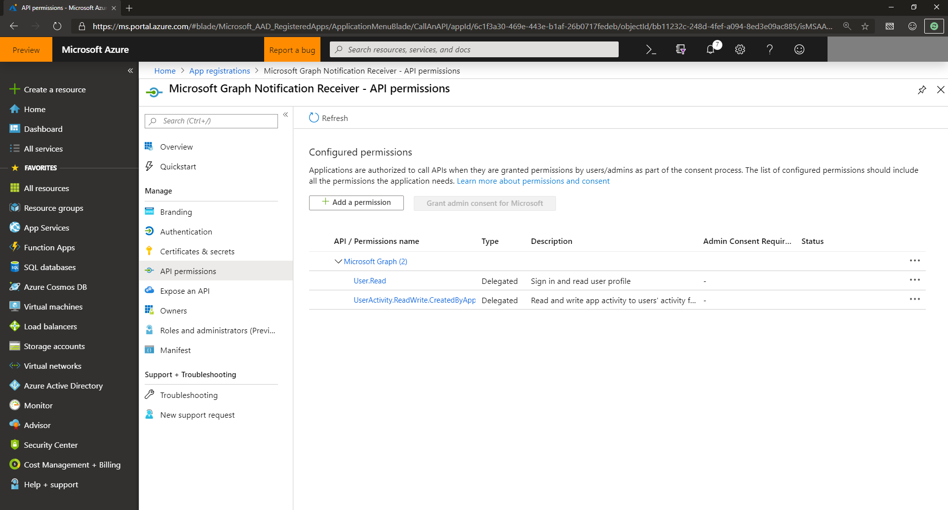Captura de pantalla que muestra los permisos delegados para las notificaciones en el Centro de administración Microsoft Entra