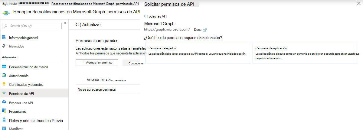 Captura de pantalla de la página Solicitar permisos de API del Centro de administración Microsoft Entra