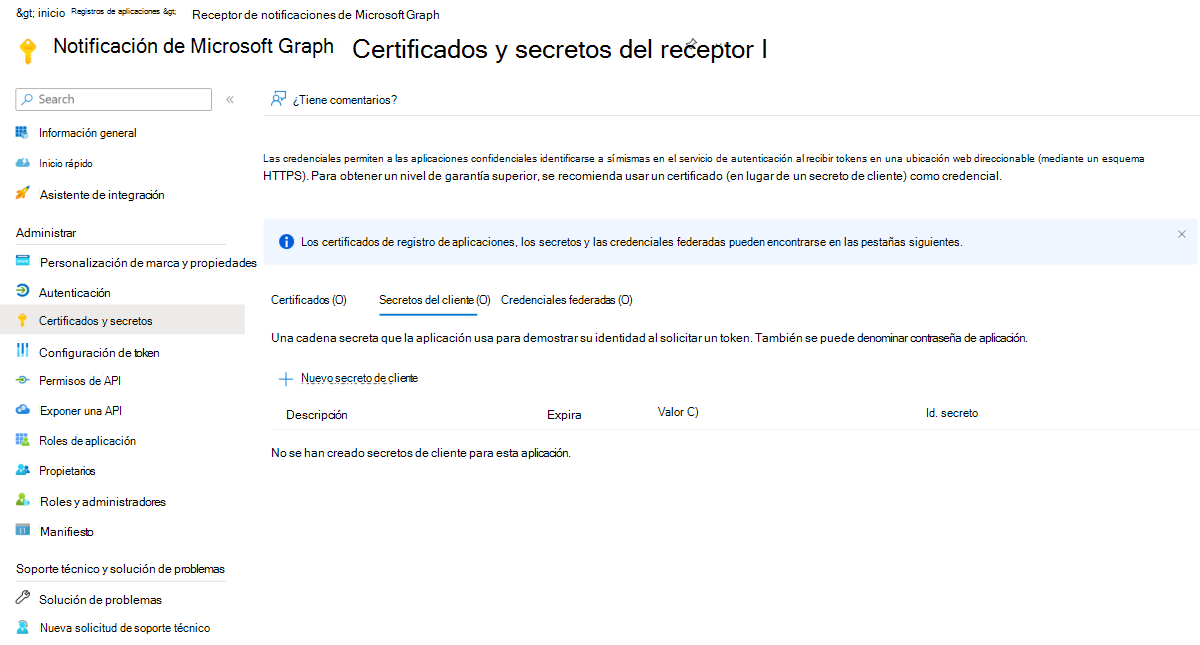 Captura de pantalla de los certificados y secretos de la aplicación en el Centro de administración Microsoft Entra