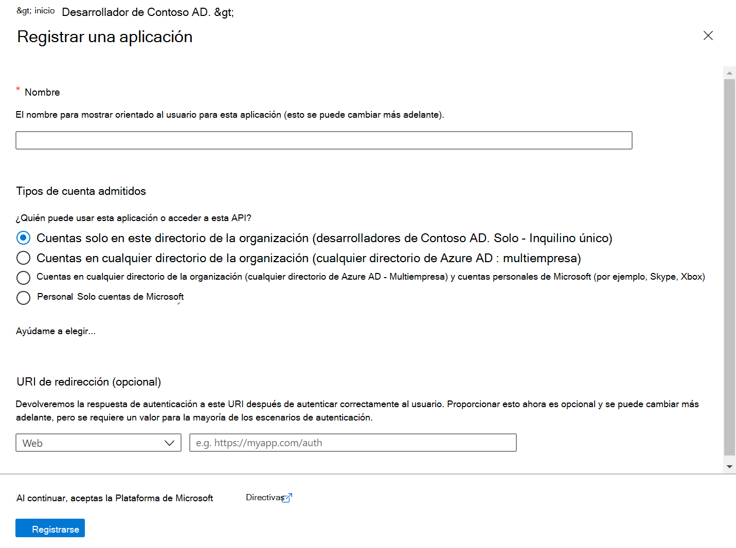 Captura de pantalla de la Azure Portal en un explorador web, en la que se muestra el panel Registrar una aplicación.
