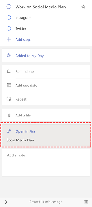 Captura de pantalla que muestra la tarjeta de recursos vinculada en el panel de detalles de la tarea. La tarjeta de recurso vinculado muestra Abrir en Jira, que es el nombre de la aplicación asociada, y Plan de redes sociales, que es el título del recurso vinculado.