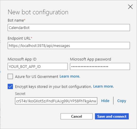 Captura de pantalla del cuadro de diálogo Nueva configuración del bot