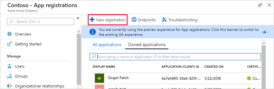 Captura de pantalla de la hoja Registros de aplicaciones en el Centro de administración de Azure Active Directory