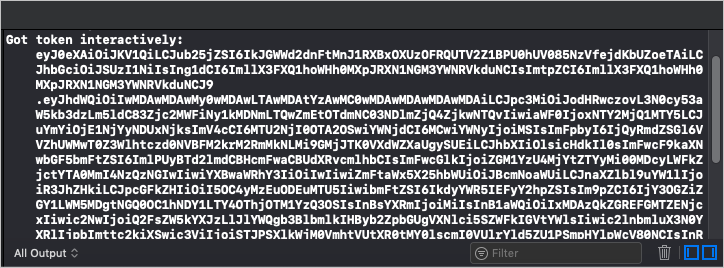 Captura de pantalla de la ventana de salida en Xcode que muestra un token de acceso