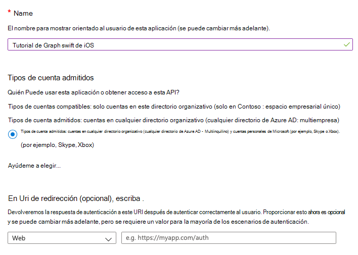 Captura de pantalla de la página Registrar una aplicación