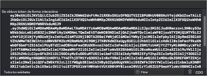 Captura de pantalla de la ventana de salida en Xcode que muestra un token de acceso