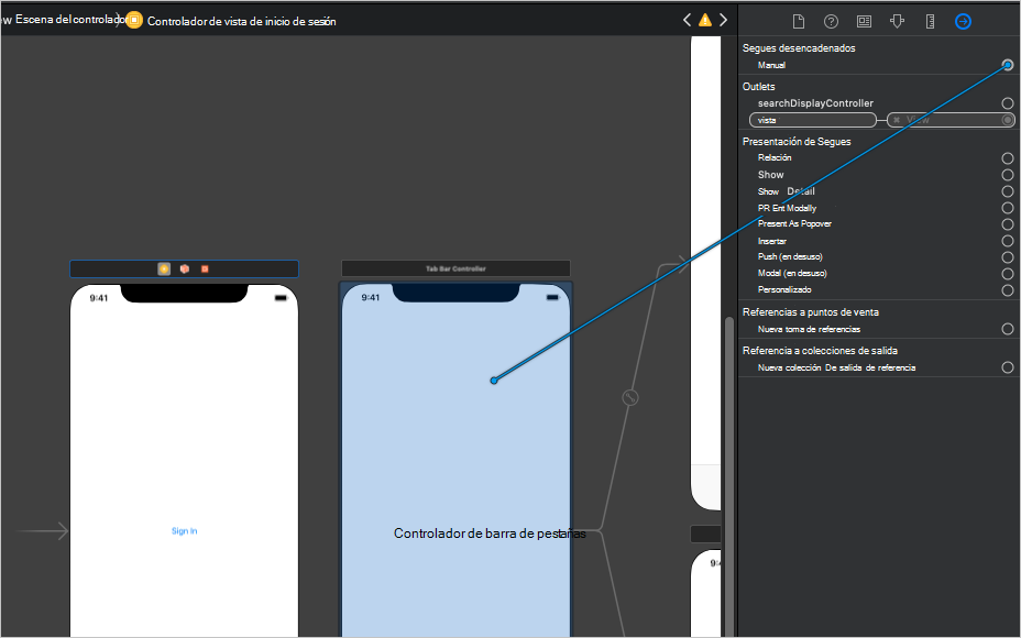 Captura de pantalla de arrastrar un segue manual al nuevo controlador de barra de pestañas en Xcode