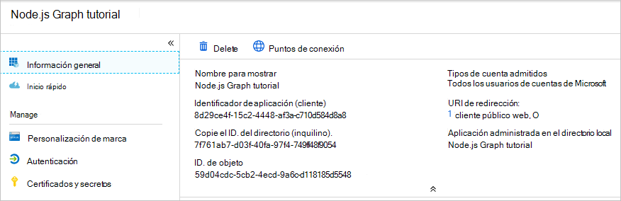 Una captura de pantalla del Id. de aplicación del nuevo registro de la aplicación