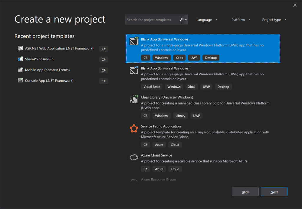 Visual Studio 2019 crear nuevo cuadro de diálogo de proyecto