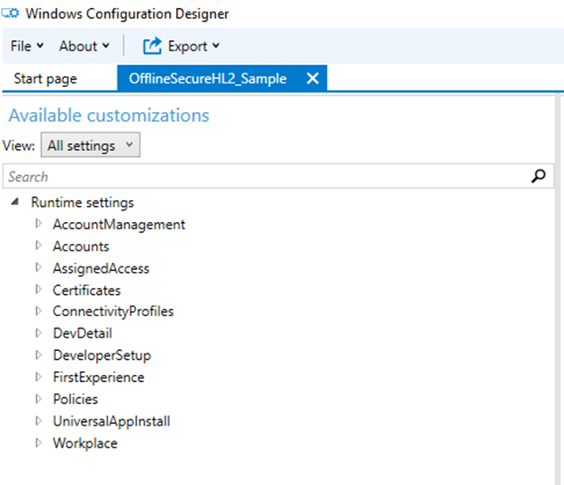 Captura de pantalla del paquete de configuración abierto en WCD.