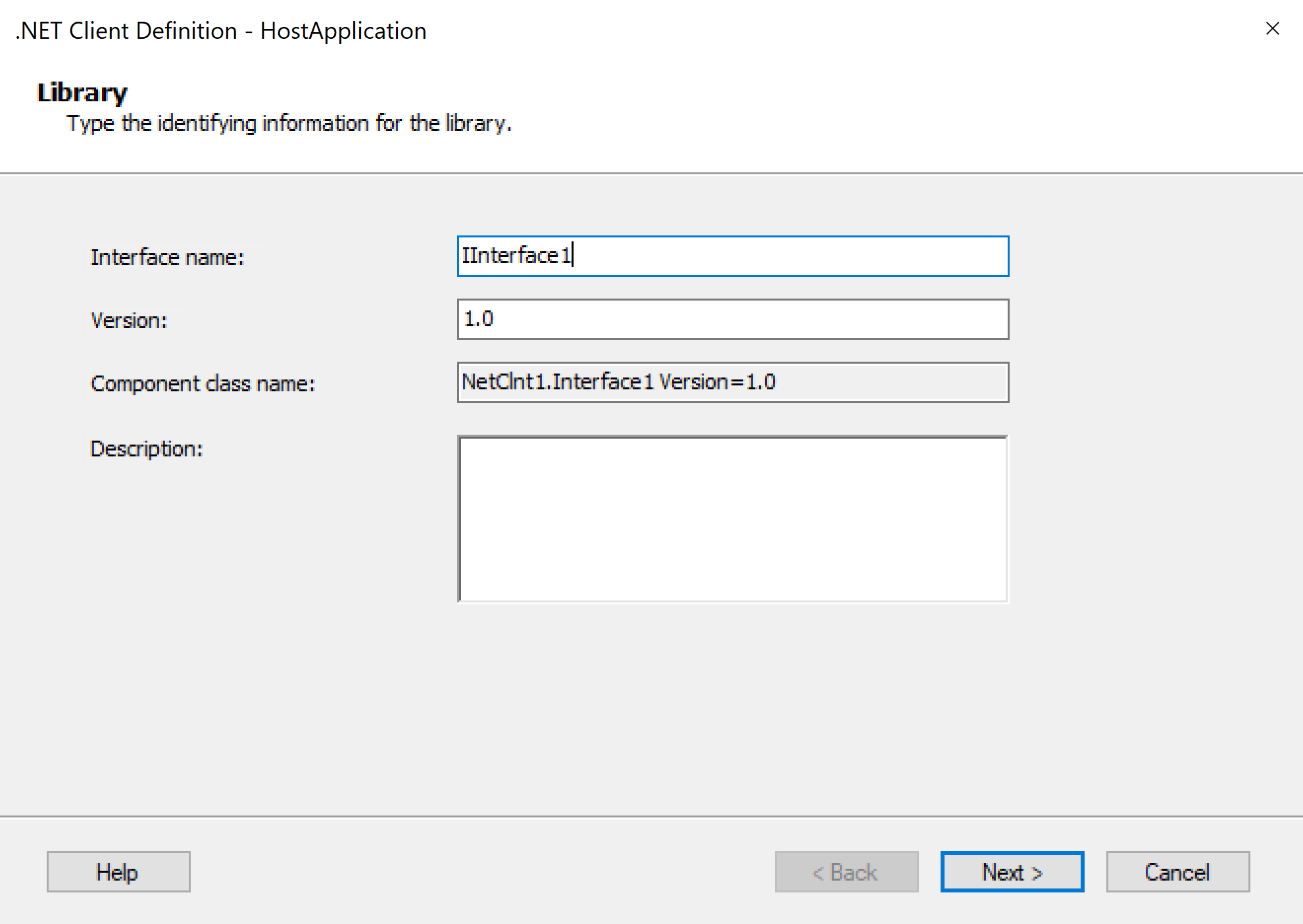 Captura de pantalla que muestra el asistente para definición de cliente .NET y el cuadro Biblioteca.