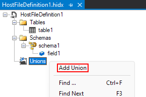 Captura de pantalla que muestra la vista de diseño principal, el menú contextual Union y la opción seleccionada para Agregar unión.