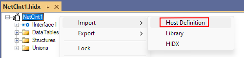 Captura de pantalla que muestra Visual Studio, la vista de diseño HIS y el menú contextual del nodo del componente NetCInt1 con la opción Importar, Definición de host seleccionada.