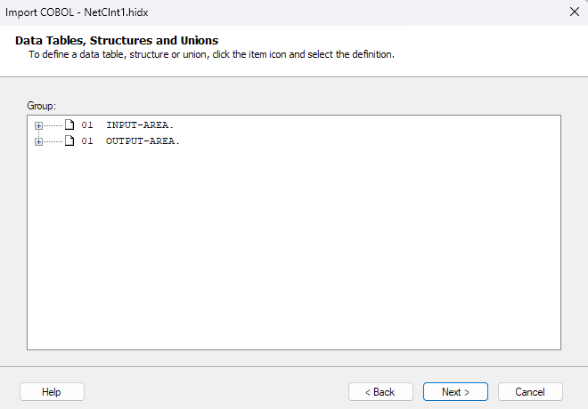 Captura de pantalla que muestra el cuadro Tablas de datos, Estructuras y Uniones para IMS.