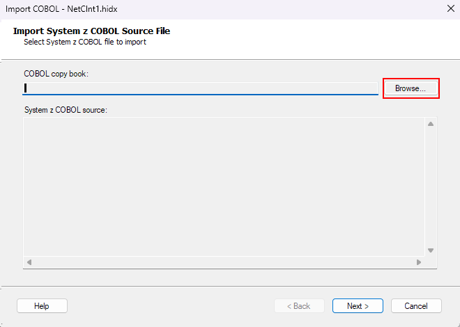 Captura de pantalla que muestra el cuadro Import System Z COBOL Source File (Importar archivo de origen de COBOL del sistema Z) para CICS.