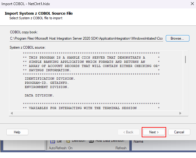 Captura de pantalla que muestra el cuadro Import System z COBOL Source File (Importar archivo de origen del sistema z COBOL) con la definición de host seleccionada y precargada para CICS.