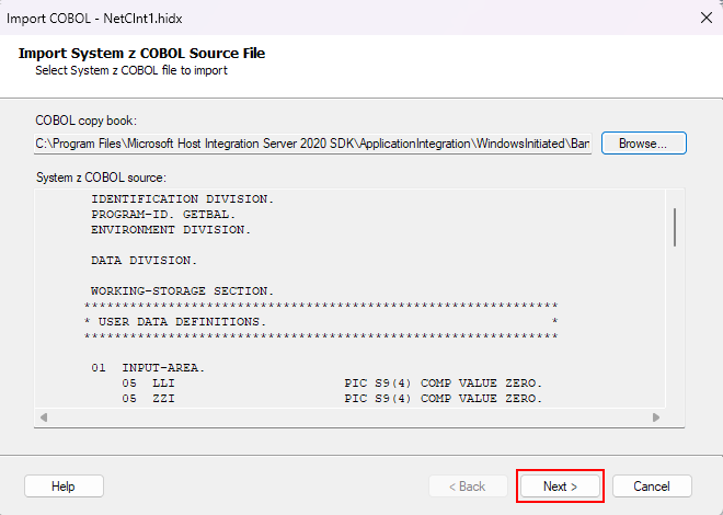 Captura de pantalla que muestra el cuadro Import System z COBOL Source File (Importar archivo de origen del sistema z COBOL) con la definición de host seleccionada y precargada para IMS.