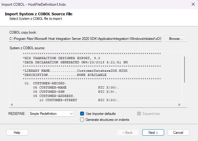 Captura de pantalla que muestra el cuadro Import System z COBOL Source File (Importar archivo de origen del sistema z COBOL) con la definición de host seleccionada y precargada para un archivo host.