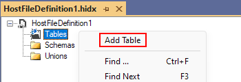 Captura de pantalla que muestra la vista de diseño de artefactos y el menú contextual Abrir tablas con La opción Agregar tabla seleccionada.