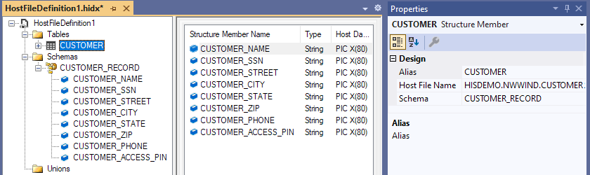 Captura de pantalla que muestra el artefacto de metadatos completado en HIS Designer para un archivo host.