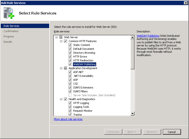 Screenshot shows Select Role Services page in Add Role Services Wizard with Web DAV Publishing selected from Common H T T P Features pane.