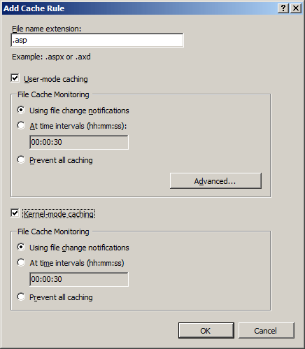 Screenshot of the Add Cache Rule dialog. User-mode caching and kernel-mode caching are checked.