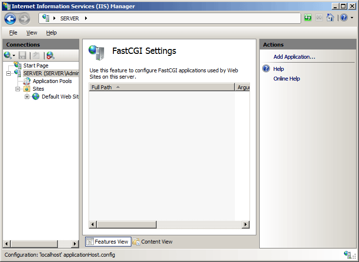 Captura de pantalla de la página fast C G I Configuración en I I S Manager.