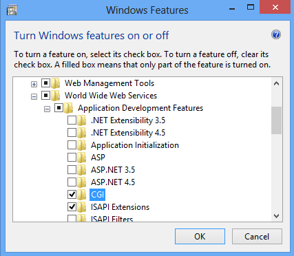 Captura de pantalla del cuadro de diálogo Características de Windows. C G I está seleccionado en el menú expandido.