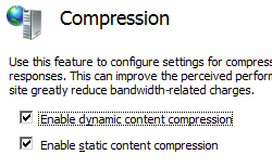 Captura de pantalla de la página Compresión en la que se muestran ambos cuadros para Habilitar compresión de contenido dinámico y Habilitar compresión de contenido estático seleccionada.