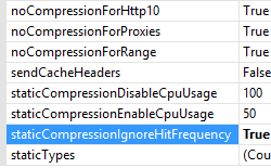Captura de pantalla que muestra la página Editor de configuración con True especificado para la opción static Compression Ignore Hit Frequency (Omitir frecuencia de aciertos).