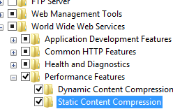 Captura de pantalla del panel World Wide Web y Características de rendimiento expandido que muestra la compresión de contenido dinámico y la compresión de contenido estático seleccionada.