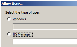 Screenshot that shows the Allow User dialog box. I I S Manager is selected.