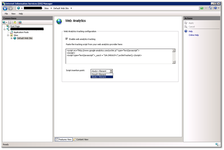 Captura de pantalla del cuadro de diálogo Configuración de seguimiento de Web Analytics con el script de seguimiento rellenando el campo.