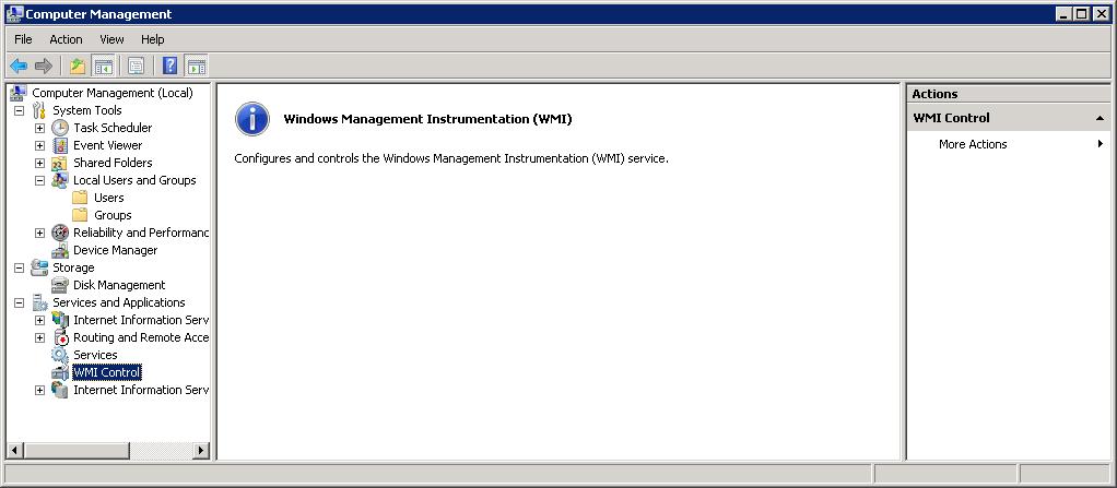 Captura de pantalla de la consola de administración de equipos que muestra la página Control de instrumentación de administración de Windows.