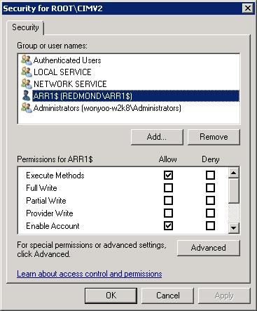 Captura de pantalla del cuadro de diálogo Seguridad para ROOT\C I M V2 con el grupo de A R R resaltado.