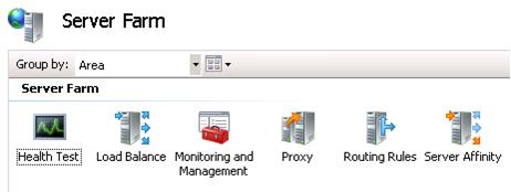 Captura de pantalla de la granja de servidores. El icono de prueba de estado, el icono de equilibrio de carga, el icono Supervisión y administración, el icono proxy y otros iconos que se encuentran en la granja de servidores.