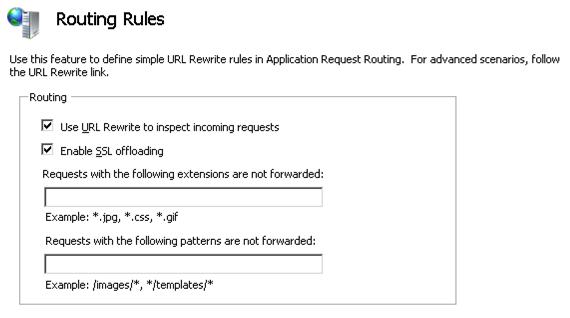 Captura de pantalla de la página Reglas de enrutamiento. Las casillas situadas junto a Usar U R L Rewrite para inspeccionar las solicitudes entrantes y habilitar la descarga de S S L están activadas.