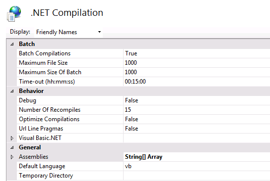 Screenshot of the dot NET Compilation for A S P dot NET three dot five. The Display and Friendly Names columns are shown.