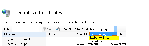 Captura de pantalla del cuadro de diálogo Certificados centralizados. En la lista desplegable Agrupar por, fecha de expiración está resaltada.