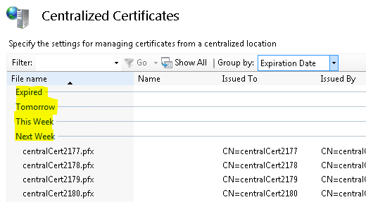 Captura de pantalla del cuadro de diálogo Certificados centralizados. En la columna Nombre de archivo, Expirado, Mañana, Esta semana, La semana siguiente se resaltan.
