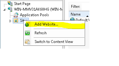 Captura de pantalla del árbol de navegación I S Manager. La opción Sitios está seleccionada y Agregar sitio web está resaltada.