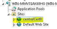 Captura de pantalla del árbol de navegación I S Manager. En Sitios, el certificado central cero está resaltado.