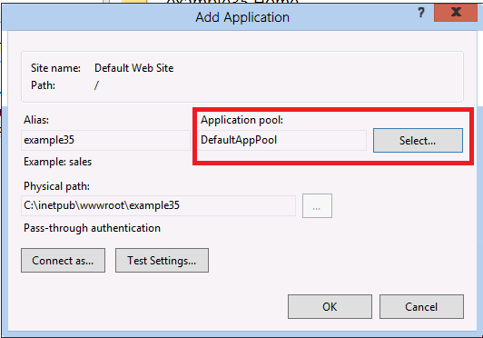 Captura de pantalla del cuadro de diálogo Agregar aplicación con el grupo de aplicaciones predeterminado y el grupo de aplicaciones predeterminados que se muestran junto al botón Seleccionar resaltado.