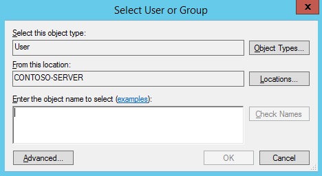 Captura de pantalla del cuadro de diálogo Seleccionar usuario o grupo. El cuadro que se va a escribir el nombre de objeto que se va a seleccionar se encuentra en el cuadro Para seleccionar el tipo de objeto y el cuadro Desde esta ubicación.