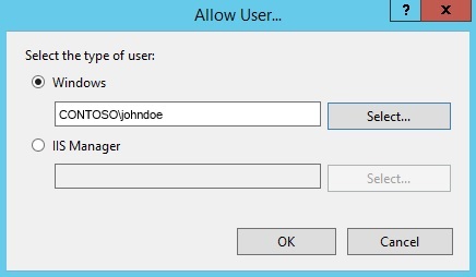 Captura de pantalla del cuadro de diálogo Permitir usuario. Windows está seleccionado. En el cuadro Windows hay el texto C O N T O S O O O backslash john doe. El botón O K se puede encontrar en la parte inferior.