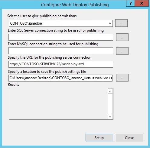Captura de pantalla del cuadro de diálogo Configurar publicación de web Deploy. En Seleccionar un usuario para conceder permisos de publicación es el texto C O N T O S O backslah john doe.