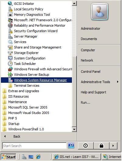 Captura de pantalla del Administrador de recursos del sistema de Windows en la herramienta Administración istrative.